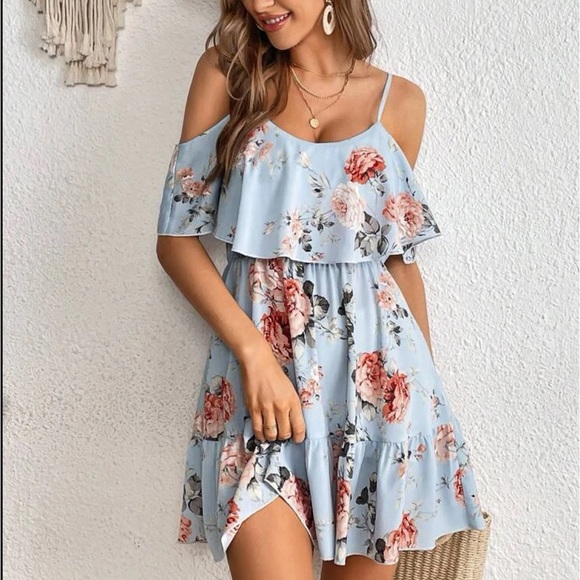 Cold Shoulder Ruffle Floral Print Belted Dress